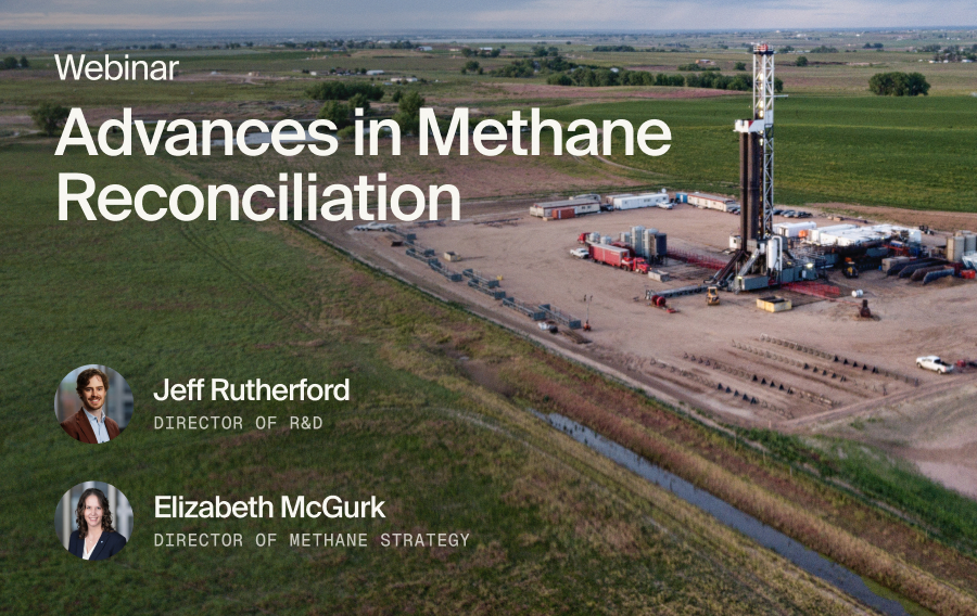 Webinar poster for Advances in Methane Reconciliation with an aerial drilling-site scene and two speaker bios: Jeff Rutherford, Director of R&D, and Elizabeth McGurk, Director of Methane Strategy.