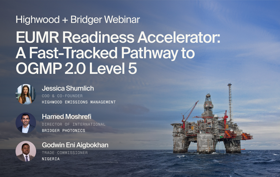 Webinar banner: title 'EUMR Readiness Accelerator: A Fast-Tracked Pathway to OGMP 2.0 Level 5' with three speakers—Jessica Shumlich, Hamed Moshrefi, and Godwin Eni Aigbokhan—and background offshore platform