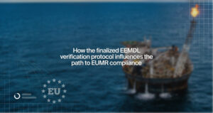 Blurry ocean scene with an offshore rig; grid overlays and EU emblem accompany the title about EEMDL verification and EUMR compliance.