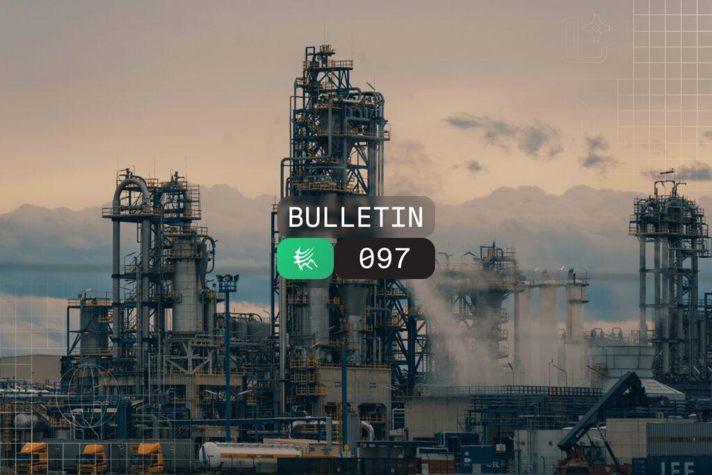 Industrial refinery at sunset with a dark rounded badge reading BULLETIN 097 and a green circular logo in front.