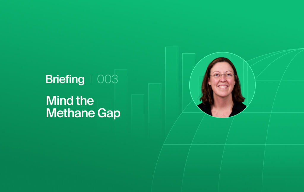 Green gradient background featuring the title 'Briefing 003 Mind the Methane Gap' and a circular headshot of a smiling woman on the right.