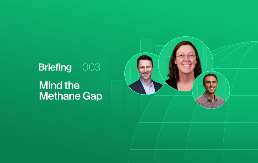 Presentation cover: green gradient background with three circular portraits linked together and the text 'Briefing 003 Mind the Methane Gap'.