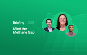 Presentation cover: green gradient background with three circular portraits linked together and the text 'Briefing 003 Mind the Methane Gap'.