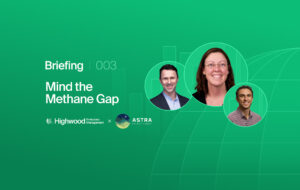 Green banner for Briefing 003: Mind the Methane Gap, featuring three circular headshots and partner logos
