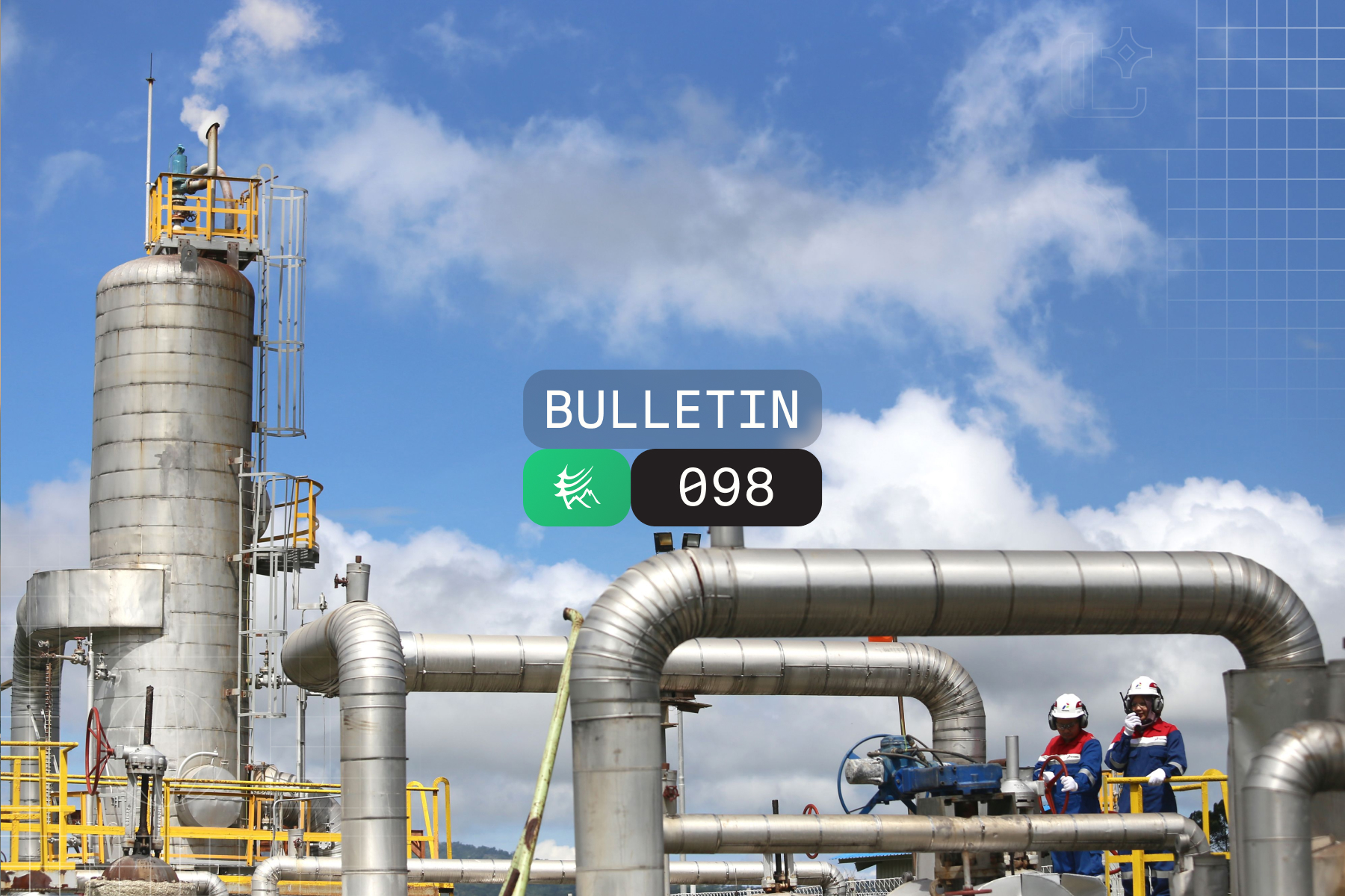 Industrial refinery scene with a tall silo and network of pipes; blue sky and a BULLETIN 098 badge overlayed in the center.