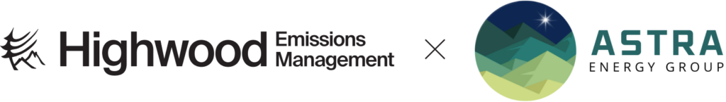Partnership banner showing Highwood Emissions Management logo beside ASTRA logo with a circular mountain landscape icon between them