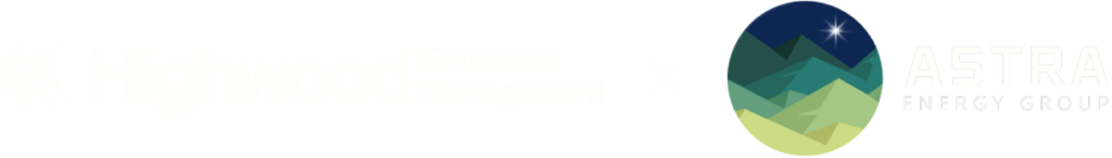 Highwood Emissions Management logo connected with Astra Energy Group logo by a white X on a black banner.